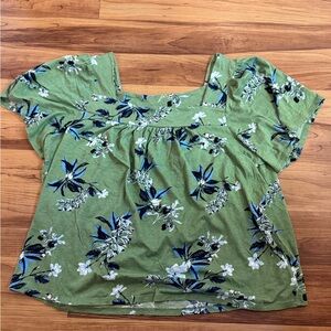 LUCKY | Floral blue & green Women's Top | Square neckline | short sleeved | XXL